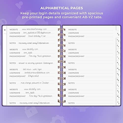 Open notebook with alphabetical tabs showing website login details.