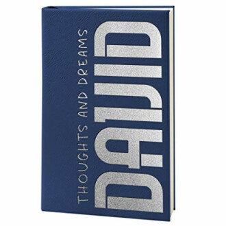 Blue journal with 'Thoughts and Dreams' and 'DAVID' on cover.