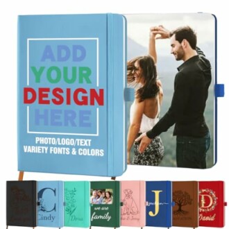 Customizable notebooks with various designs and colors.