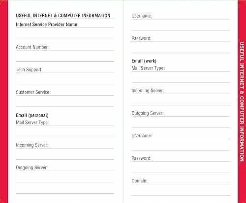 Template for recording internet and computer information including account details and email settings.