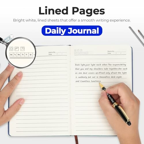 Person writing in a lined journal with a magnifying glass showing text detail.