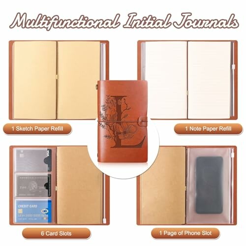 Multifunctional journal with sketch refill, note paper, card slots, and phone slot.
