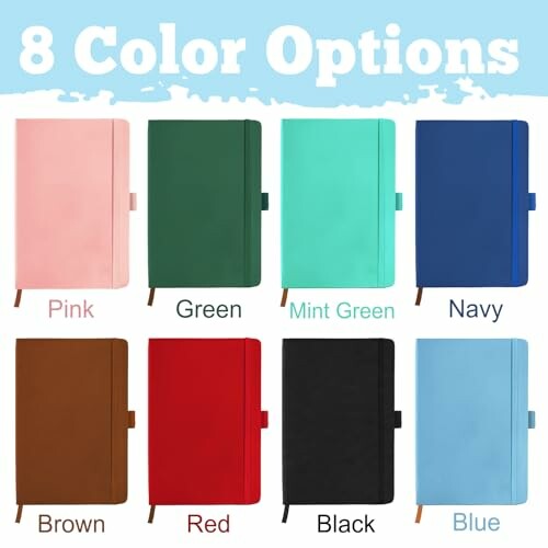 Eight notebooks in different colors: pink, green, mint green, navy, brown, red, black, and blue.