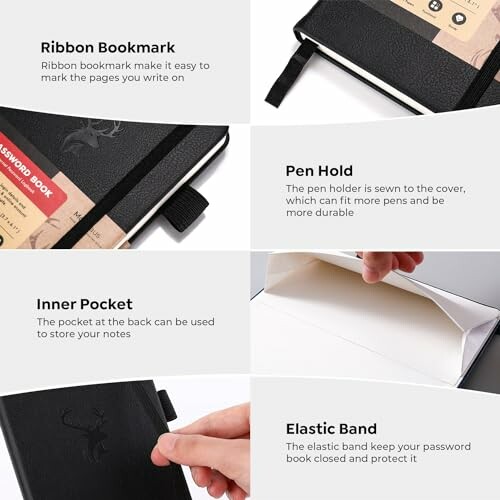 Notebook with ribbon bookmark, pen holder, inner pocket, and elastic band.