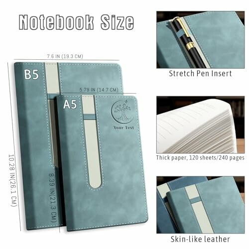 Notebook size comparison with stretch pen insert and thick paper.