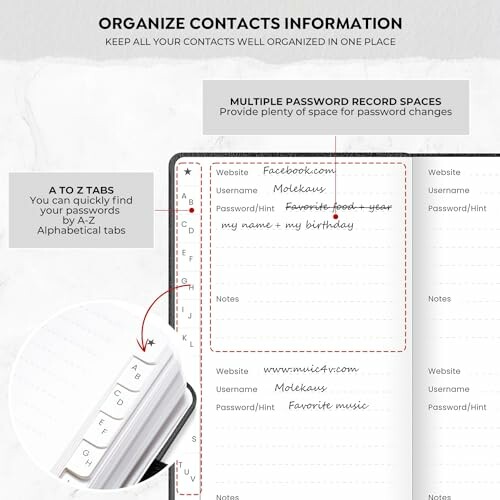 Notebook with alphabetized tabs for organizing contacts and password records.