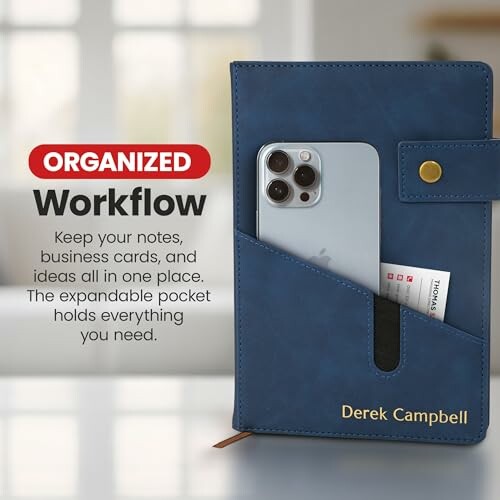 Blue notebook with phone and cards, labeled 'Organized Workflow'.