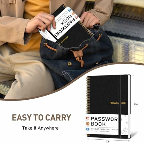 Person placing a password book into a bag with a product image and text 'Easy to Carry'.