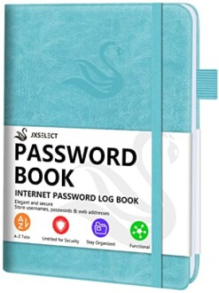 Password book with teal cover for internet logins