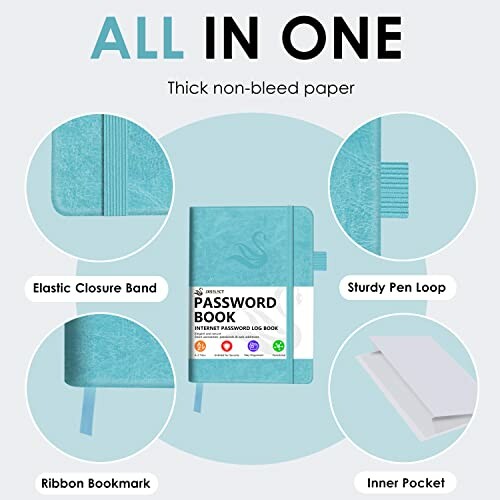 Password book with elastic band, pen loop, ribbon bookmark, and inner pocket.