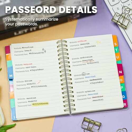 Open notebook with password details organized by website.