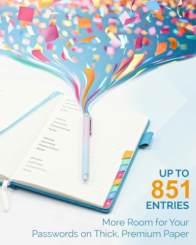 Password journal with colorful design and pen.