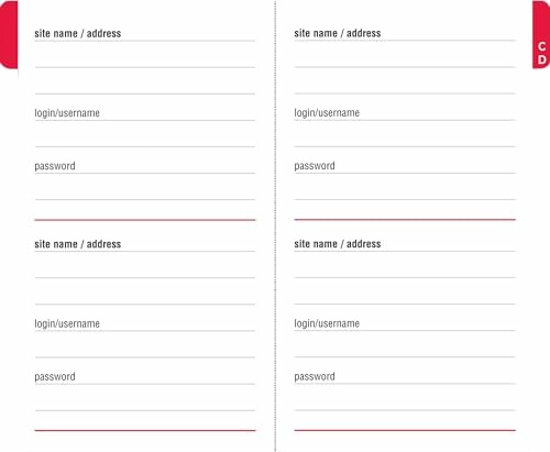 Password log sheet with fields for site name, login, and password.