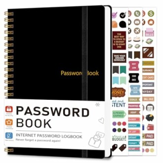 Password book with stickers for organizing passwords.