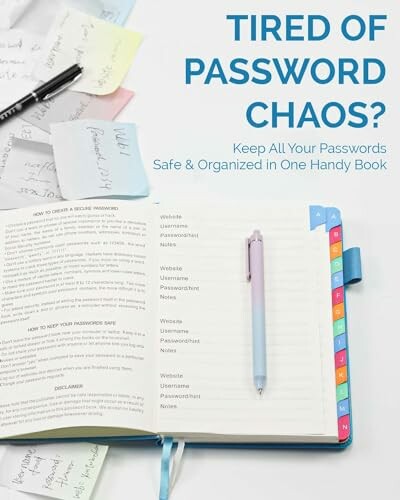Open password organizer book with tabs and notes.