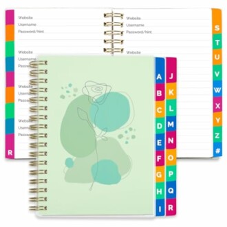 Password organizer book with alphabetical tabs and login fields.