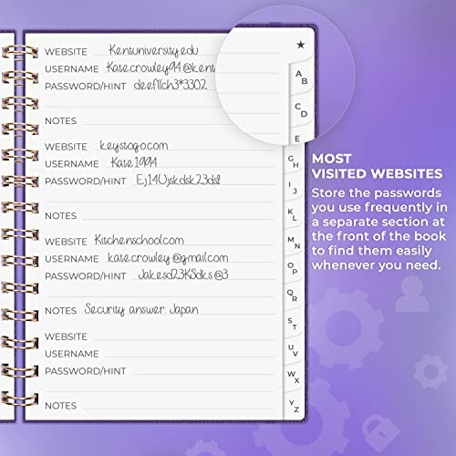 Password organizer notebook with alphabetical tabs and example entries.