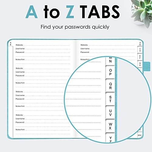 Password organizer notebook with A to Z tabs.