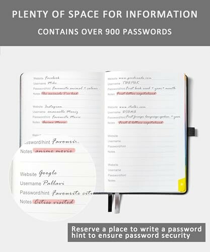 Open notebook showing website, username, password hints.