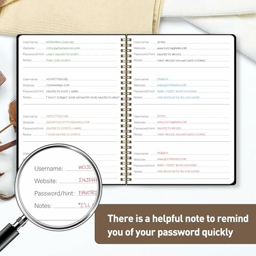 Notebook with password reminders and magnifying glass.