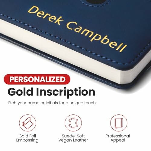 Close-up of a personalized journal with gold inscription.