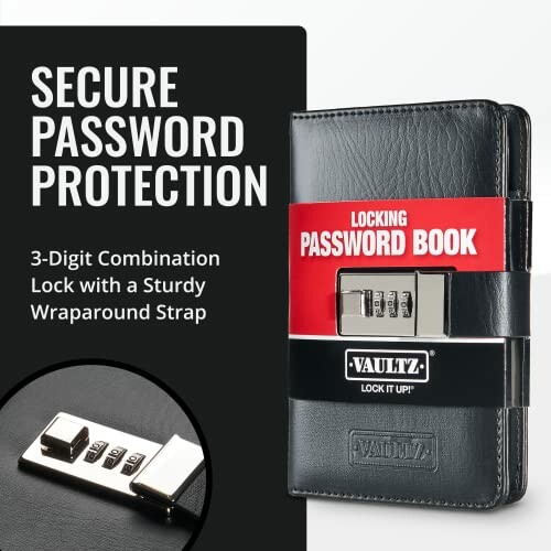 Locking password book with 3-digit combination lock and wraparound strap.