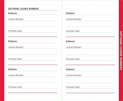 Template for recording software license numbers and purchase dates.