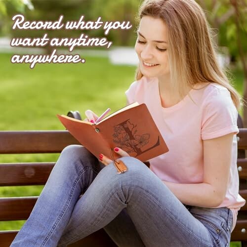 Woman sitting on a bench writing in a journal.